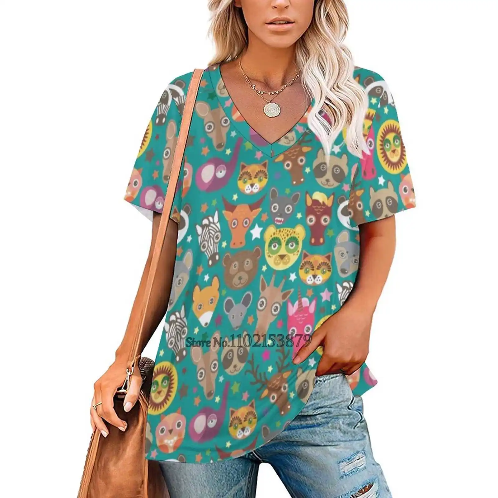 Забавные животные Морда Лев Кенгуру Лошадь Медведь Мышь Енот Женская футболка с