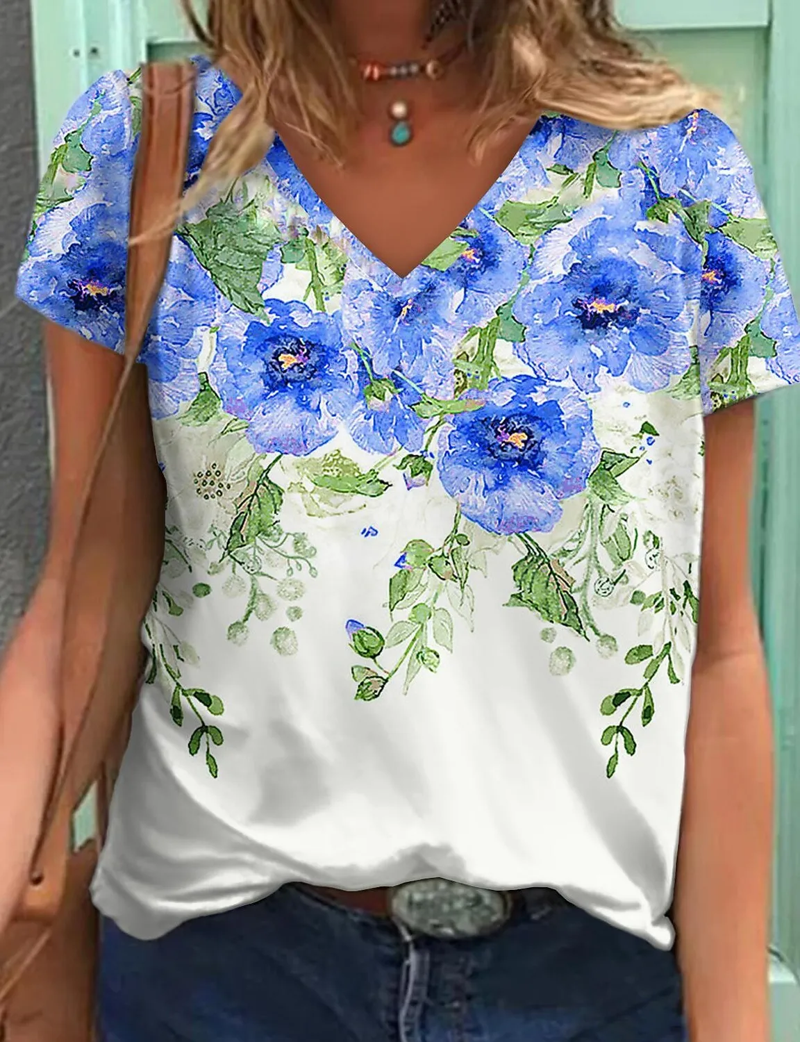 

2022 Women's Casual Holiday Weekend Floral Painting T shirt Tee Floral Short Sleeve Print V Neck Basic Tops / 3D Print