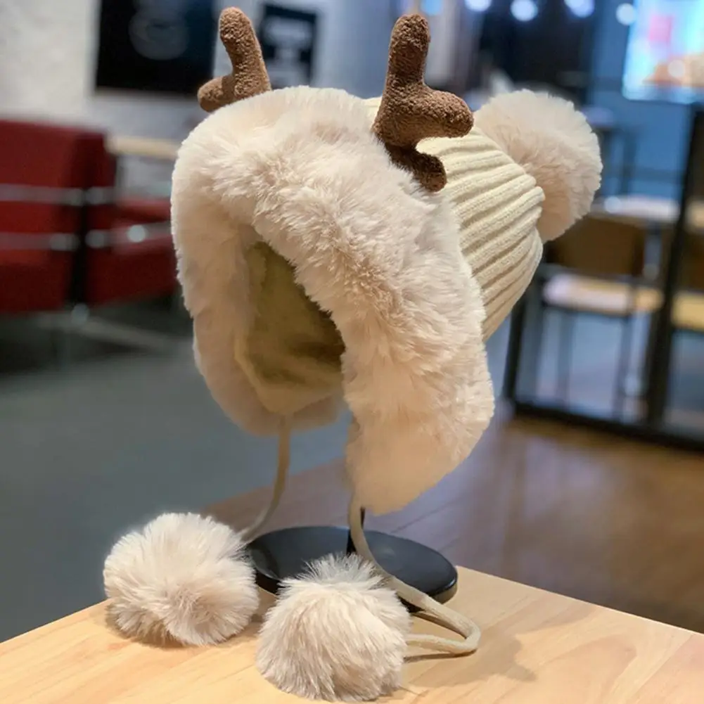 

Casual Women Knitted Hat One Size Winter Knitted Hat Comfortable Lady Girl Cartoon Reindeer Antlers Winter Hat Keep Warm