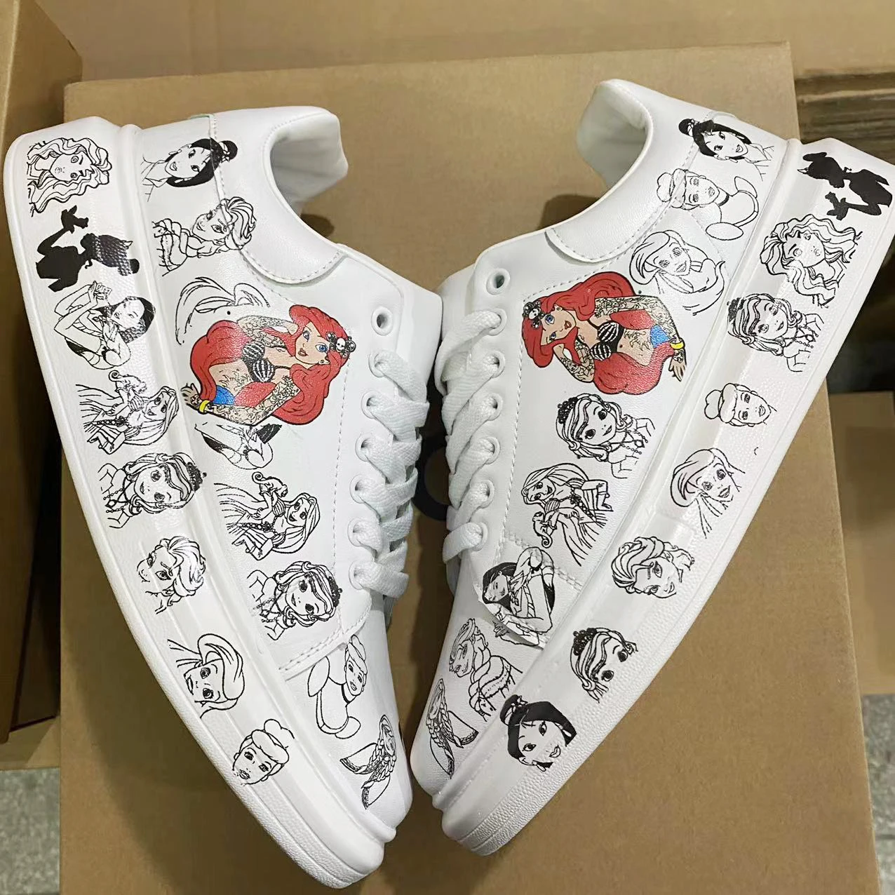 Ariel Elsa Men Women casual Shoes Male Platform Sneakers Girls kateboarding flats graffiti Disney Princess Tattoo Handmade DIY