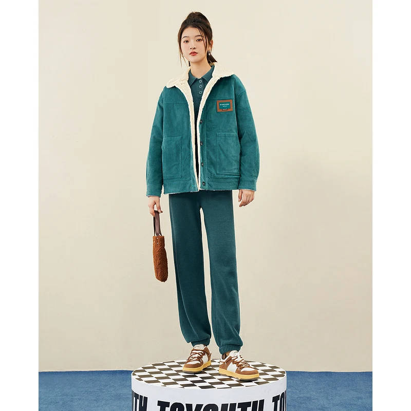 Toyouth Women Corduroy Fleece Coat 2022 Winter Long Sleeve Polo Neck Loose Jacket Vintage Green Streetwear Warm Casual Outwear