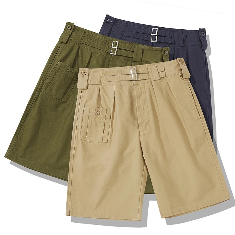 

Summer Men Vintage England Gorkha Male Loose Bermuda British Pants High Waist Double Adjustment Tabs Casual Shorts