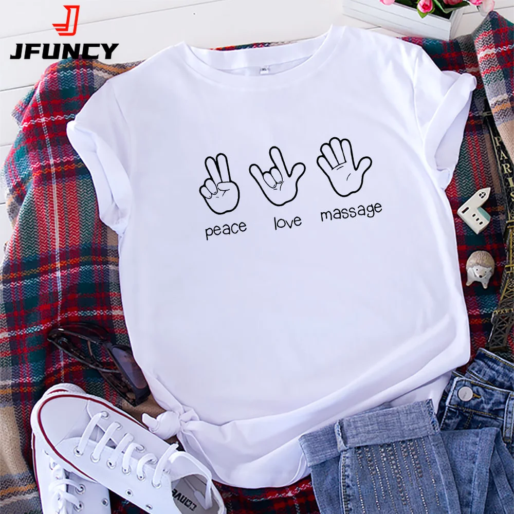 JFUNCY  Women's T-shirt 100% Cotton O-Neck Short Sleeve Women Summer Tops Gesture Print Lady Casual T Shirt Female Tees