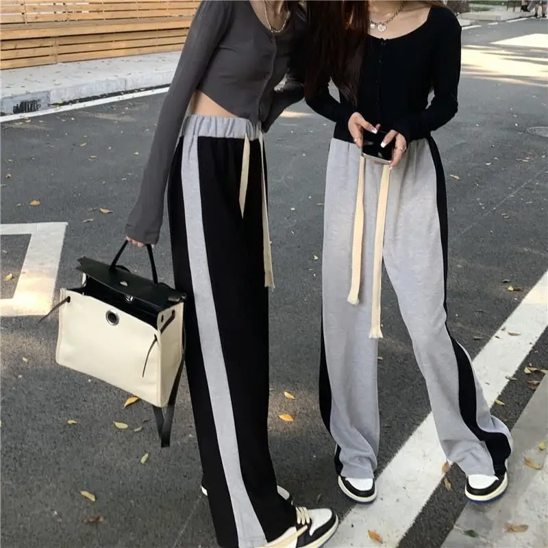 

Wide Leg Pants Straight Drawstring Sports Pants Female Student Loose and Thin High Waist Casual Straight Wide Leg Mopping Pants