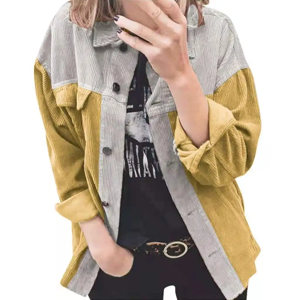 

Women's 2022 Corduroy Colorblocked Button Casual Loose Long Sleeve Shirt Jacket Spring and Autumn Fashion Lady Coat Female