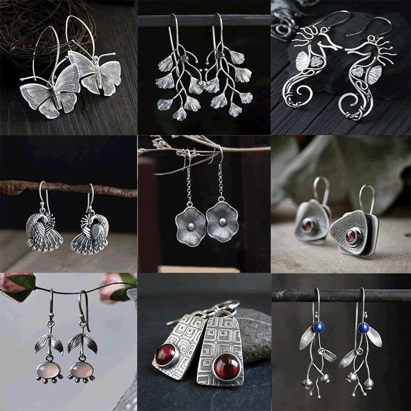 

Vintage Flower Earrings Ethnic Metal Round Carved Plant Blossom Plant Inlaid Green Stone Dangle Hook Earrings for Women