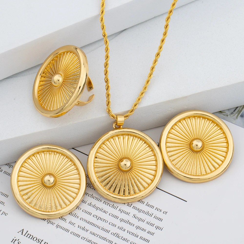 

Dubai Fashion Jewellery Women Classic Gold Color Round Earrings Pendant Rings Sets Versatile Jewelry Set Daily Wear Party
