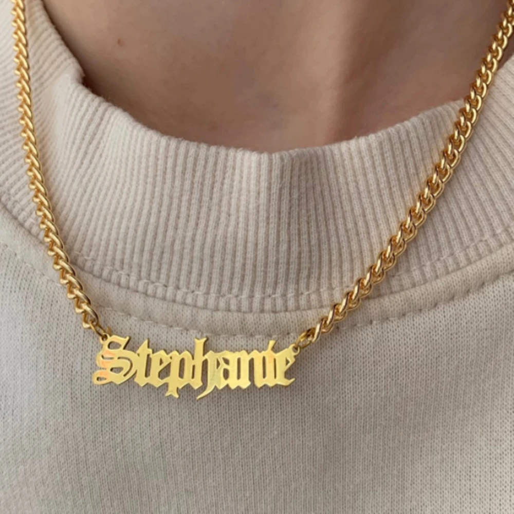 

Customizad Old English Name Necklace for Men Personalized Gold Color Stainless Steel 6mm Cuban Chain Jewelry Necklaces Gifts