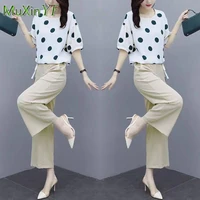 2022 summer vinatge chiffon shirt suit women fashion loose polka dot top wide leg pants two piece korean elegant casual set