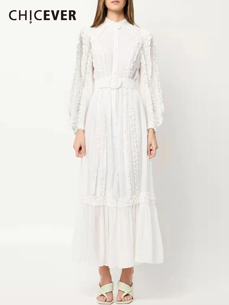 

CHICEVER Fold Pleated Mesh Dress For Female O Neck Long Sleeve Patchwork Sashes Women's Mid Dresses 2022 Spring Clothing New