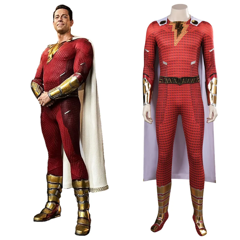 

Male Shazam Fury of the Gods Cosplay Costume Jumpsuit Cloak Outfits Halloween Carnival Suit Bodysuit For Adult Men Boy