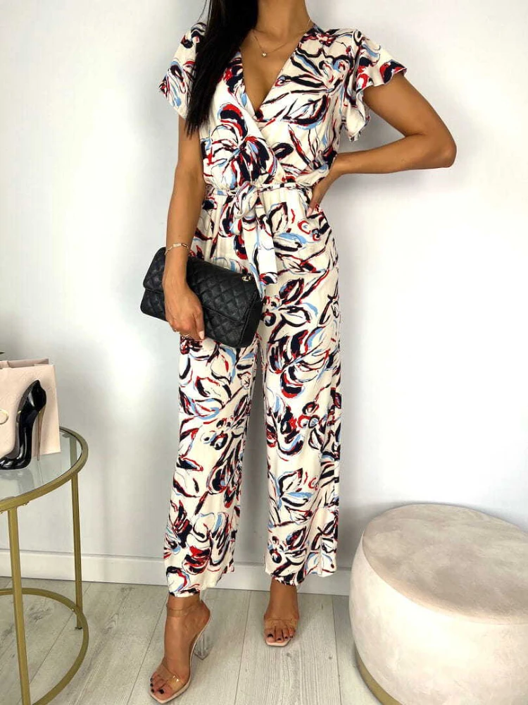 

Summer Ladies Printed Jumpsuit V-neck Ruffled Clothing Jump Suits for Women Office Lady Overalls Jumpsuit Women Elegance Sashes