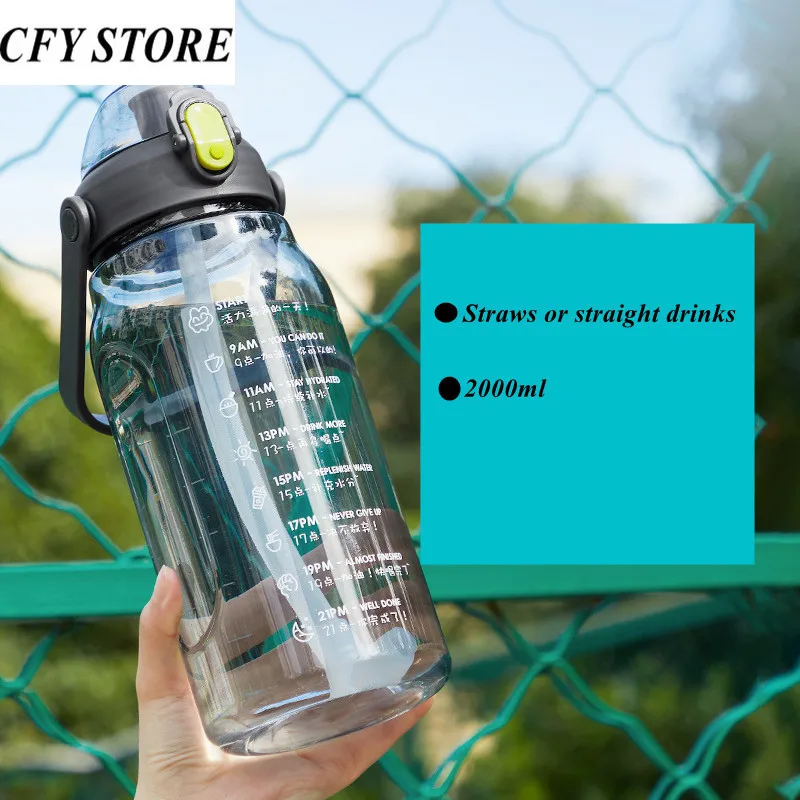 2L Large Capacity Portable Plastic Water Bottles with Time Tips Outdoor Sports Bottle Leak-proof Bike Climbing |