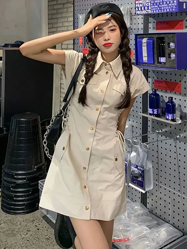 

Простое летнее платье, однотонные женские мини-платья для женщин, Корейская женская одежда, красивый халат, сарафан с воротником-поло, плать...