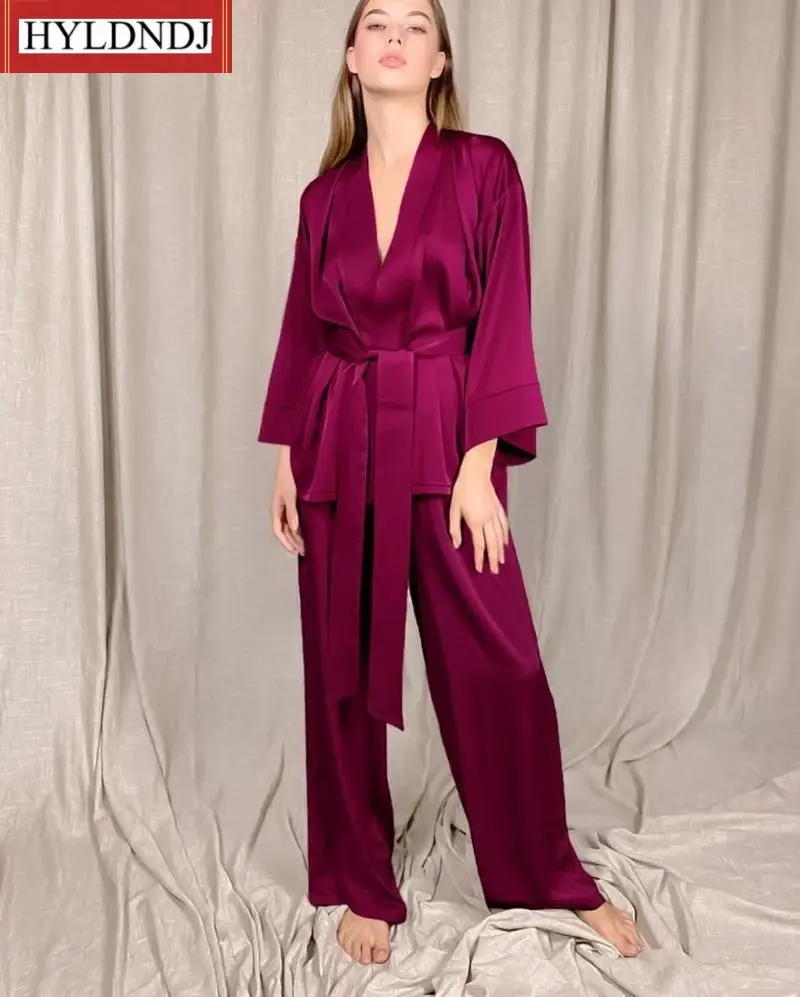 New Casual Sleepwear Female Home Suits Solid Women Robes with Sashes 2 Piece Set Wrist Sleep Tops Satin Pants Loose Pajamas