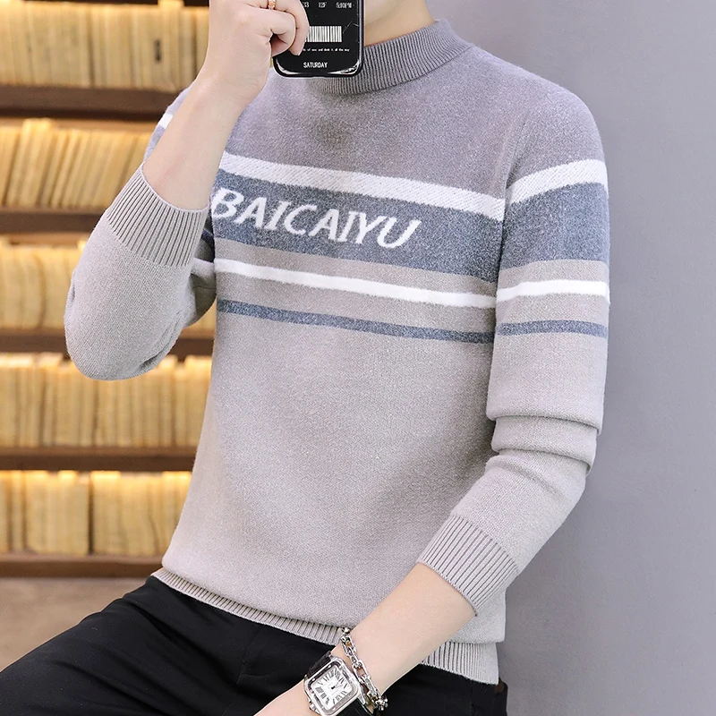 

New Korean Style Slim Fit Sweater Round Collar Patchwork Color Long Sleeve Winter Thick Winter Youth Fashion Top Pullovers
