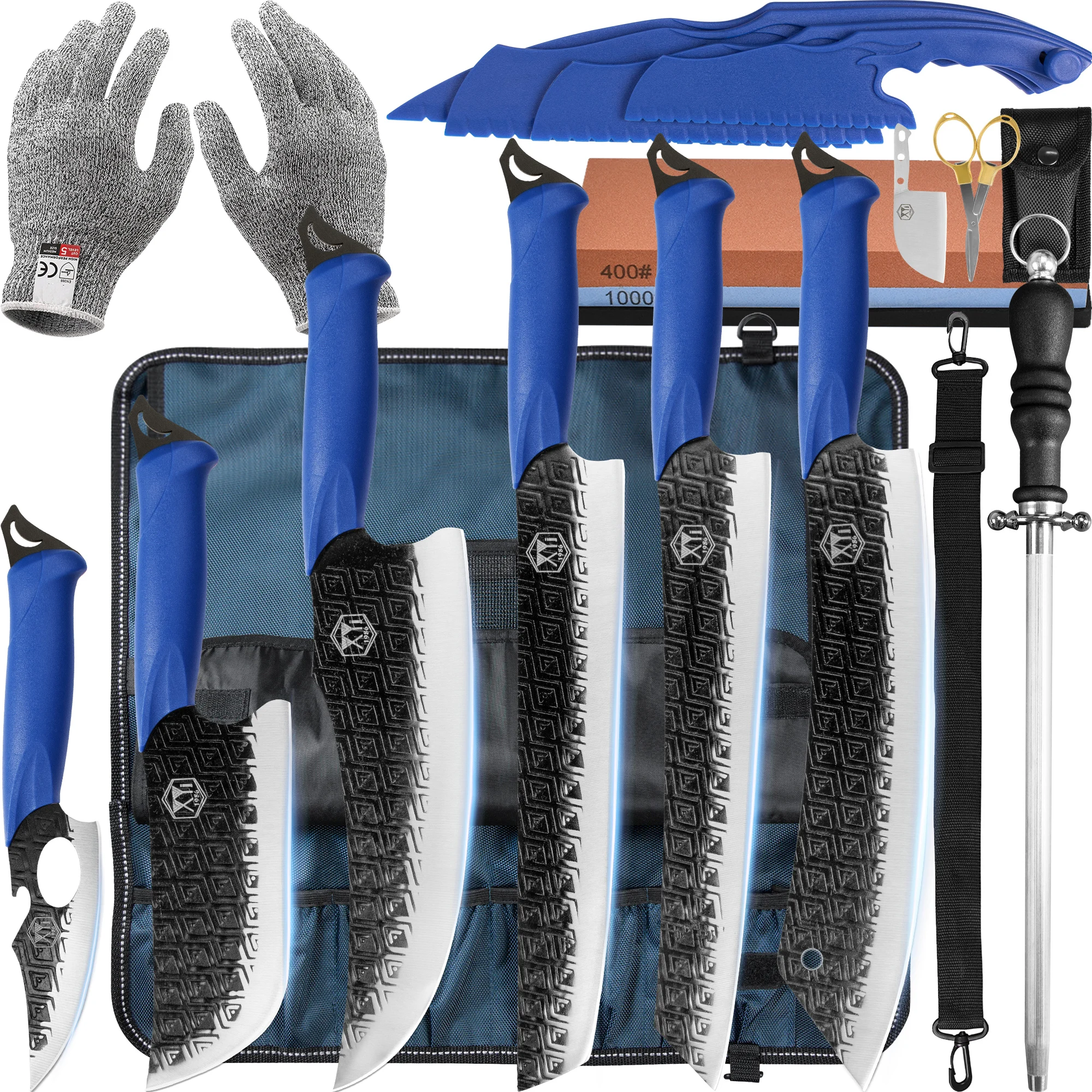 

XYJ 6pcs Razor Blade Chefs Knife Set Portable Roll Bag Stainless Steel Design Cooking Knives With Whetstone Anti-cutting Gloves