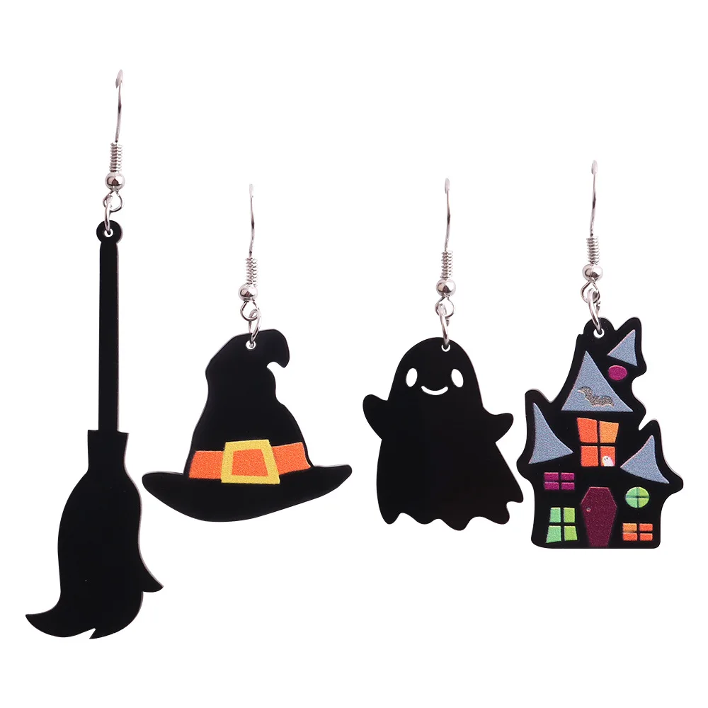 

Halloween Magic Hat Broom Earrings For Women Cartoon Fun Ghost Magic Broom Bat Castle Personality Earrings Wholesale