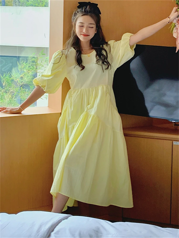 

2022 Summer Puff Sleeve O-neck Long Yellow Dress for Women Elegant Fashion Korean Sweet Stye A-line Girl Pink Maxi Dresses 2378