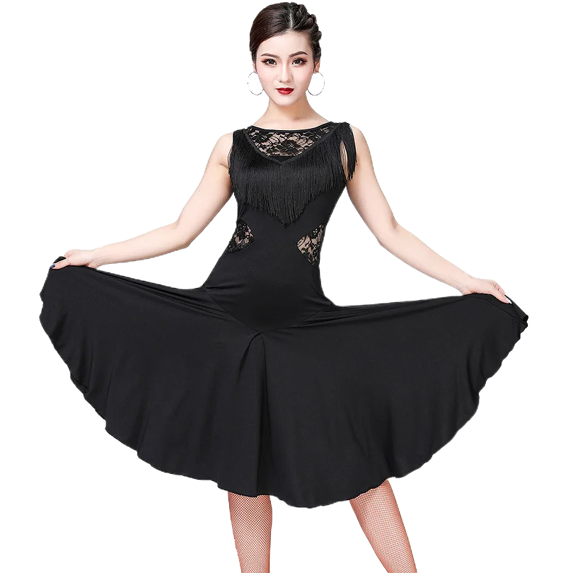 

Female Adult Tassel Latin Dance Dress Cha-cha Lunba Competition Dress Sleeveless Latin Dance Training Dress Performance Dress