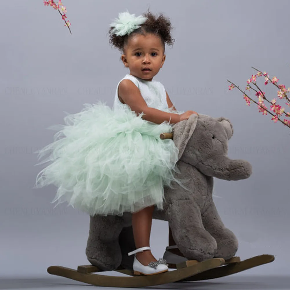 

Mint Green Cute Flower Girl Dress A-Line Puffy Girls Princess Wedding Party Dress Lace Tulle Short First Communion Gown Dress