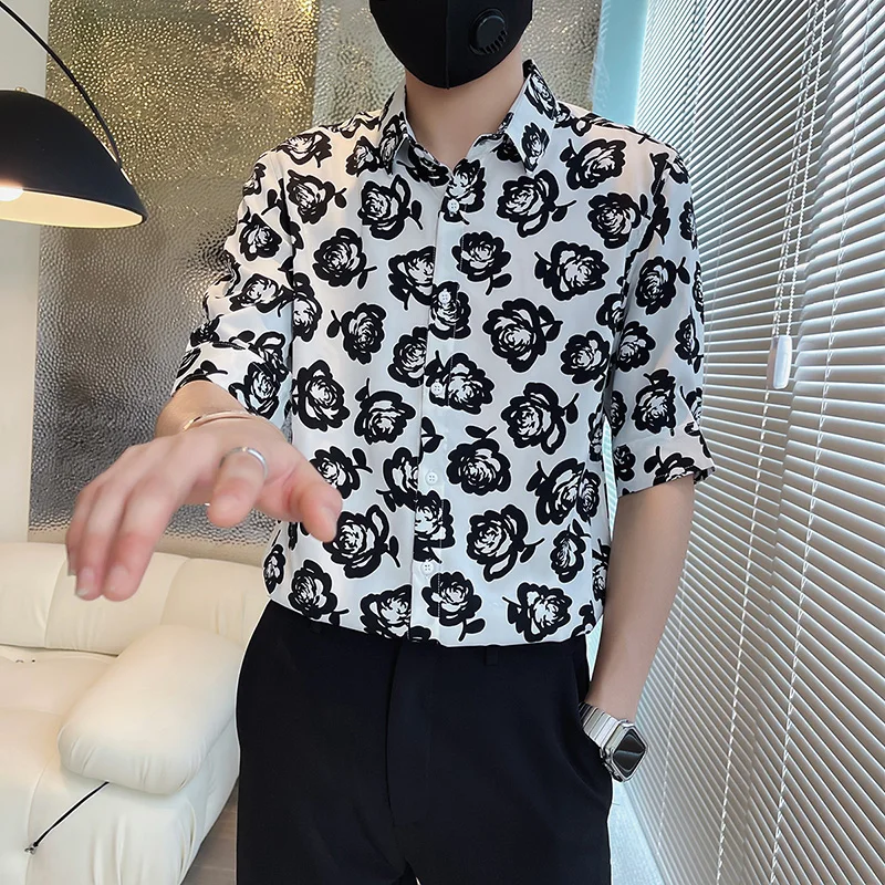 Flower Print Shirts for Men Summer Half Sleeve Casual Shirt Fashion Business Formal Dress Shirts Social Party Tuxedo Streetwear