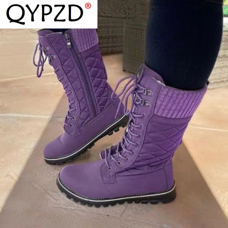 

2021 New Women Big Size Winter Snow Boots Dark Colour Warm Fur Insole Non-slip Outsole Zipper Upper Lace Up Botas De Mujer
