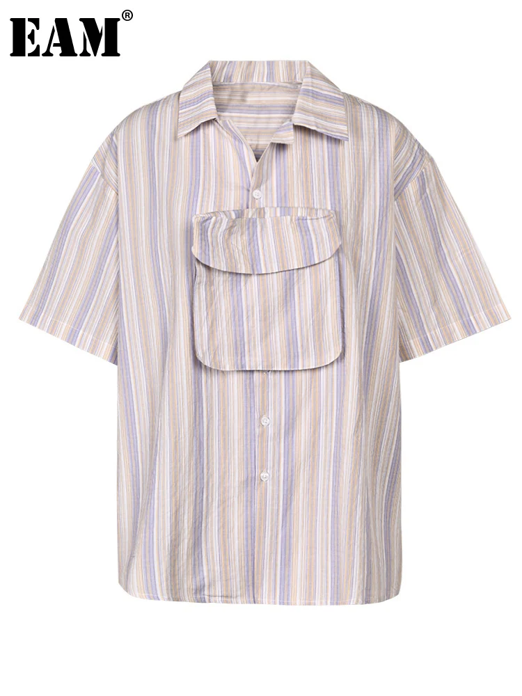 

[EAM] Women Purple Striped Pocket Big Size Blouse New Lapel Short Sleeve Loose Fit Shirt Fashion Tide Spring Summer 2023 CP1122