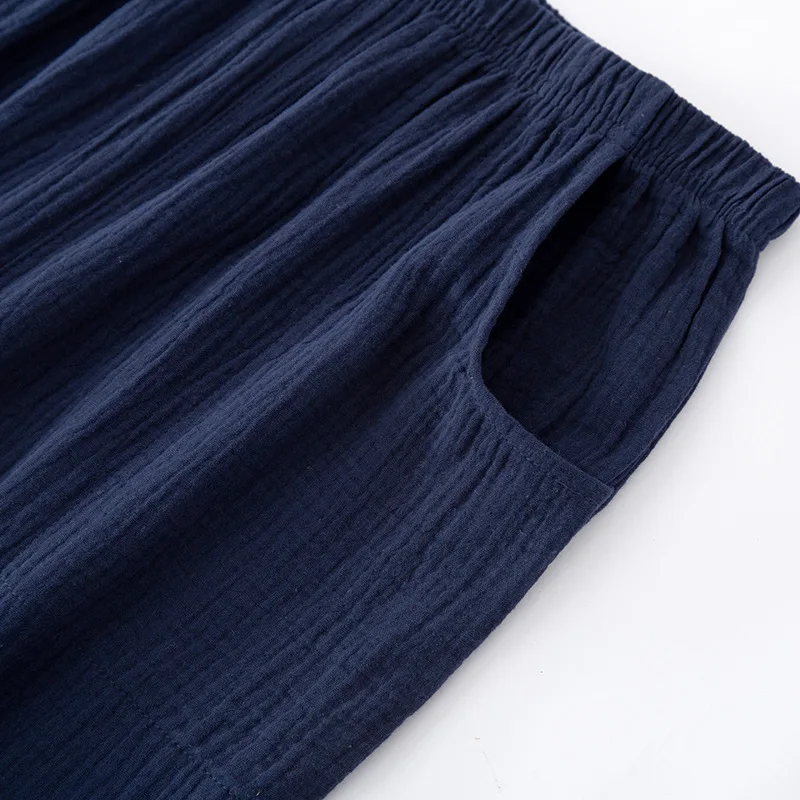 Men's Crepe Gauze Home Pajamas Long-sleeved Trousers Casual Pajama Sets Solid Cotton Sleepwear Elastic Waist Pijamas 2 Piece Set