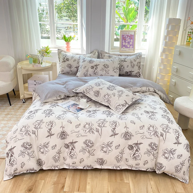 

Комплект постельного белья из 3/4 предметов, постельное белье на 2 места, простыни с наволочкой, Детские принадлежности для спальни, с серыми цветами