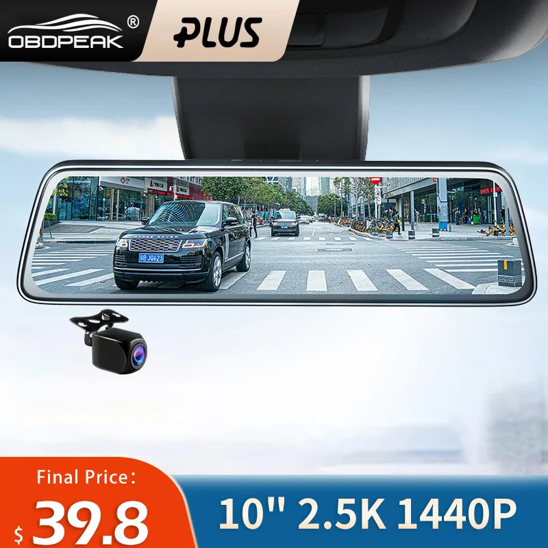 OBDPEAK 9.66 Inch Car DVR Mirror Video Recorder 2.5K 1440P Touch Screen Dashcam Dual Lens Streaming Driving Recorder Dash Camera