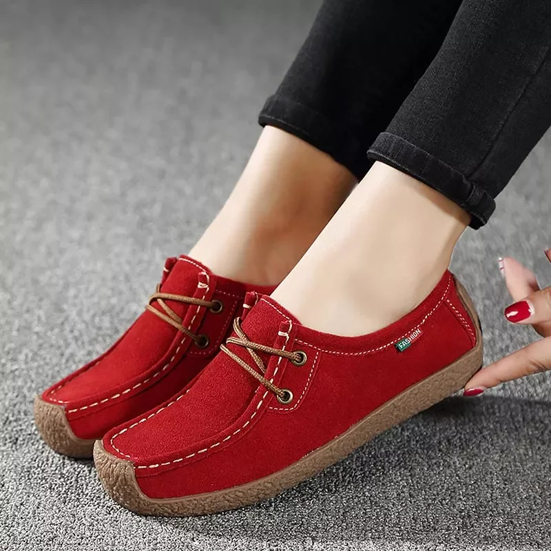

2022NEW shoes woman genuine leather loafers shoes lace-up folding moccasins foldable square toe women casual shoes ladies sneake