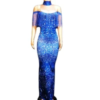 sparkly blue tassel floor length women dress tight stretch off shoulder print costume model show stage wear evening prom outfit