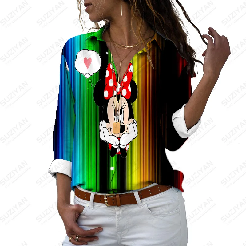 

Spring Autumn Disney Pattern Design 3D Print Shirts For Women Print Long Sleeve Elegant Printed Shirts Turn-Down Collar Blouse