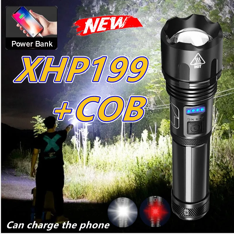 

2022 Прямая поставка xhp199 Cob самый мощный фонарик usb Масштабирование красный светодиодный фонарик xhp90 26650 батарея лучшая уличная Зарядка для те...