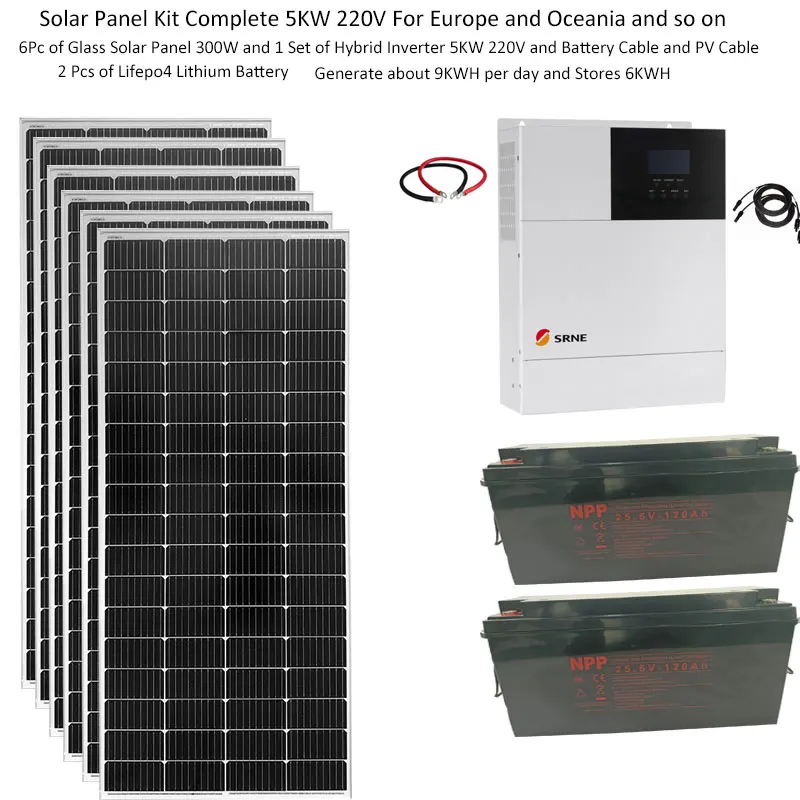 Glass Solar System For Home Complete Kit 5000W 110v 220V LiFePO4 Lithium Battery Hybrid Inverter 5KW UPS Home Off Grid System RV