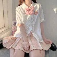 pretty women blouses girls autumn long sleeve peter pan collar pink bowknot white chiffon blouse shirt school uniform top