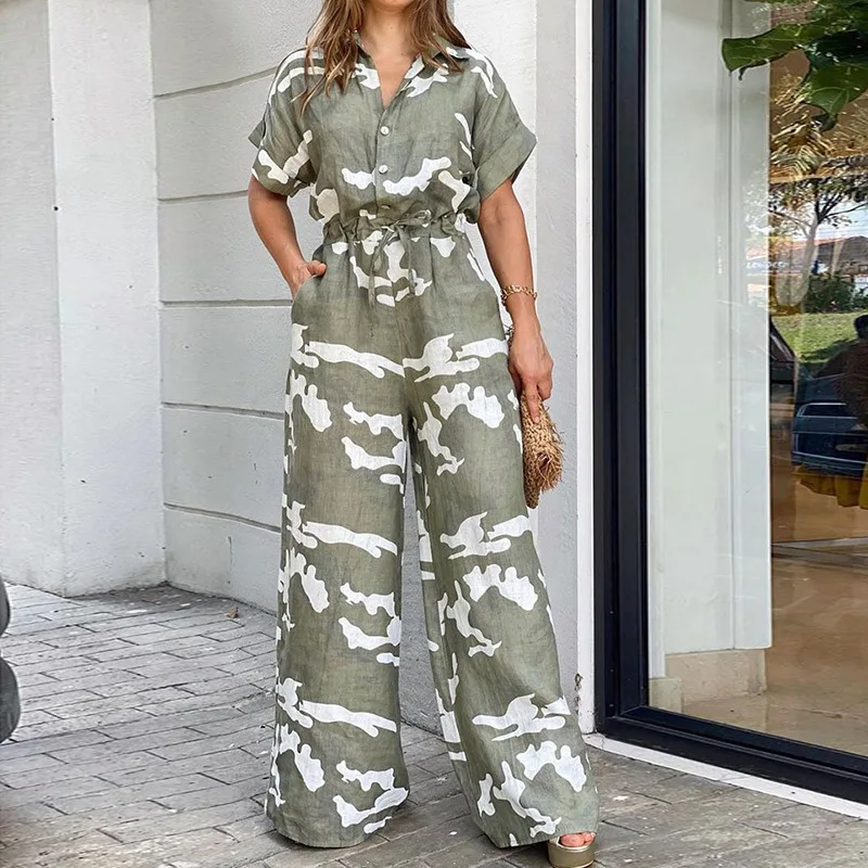 Summer 2023 Women's Casual Fashion Shirt Collar Print Lace Straight Jumpsuit