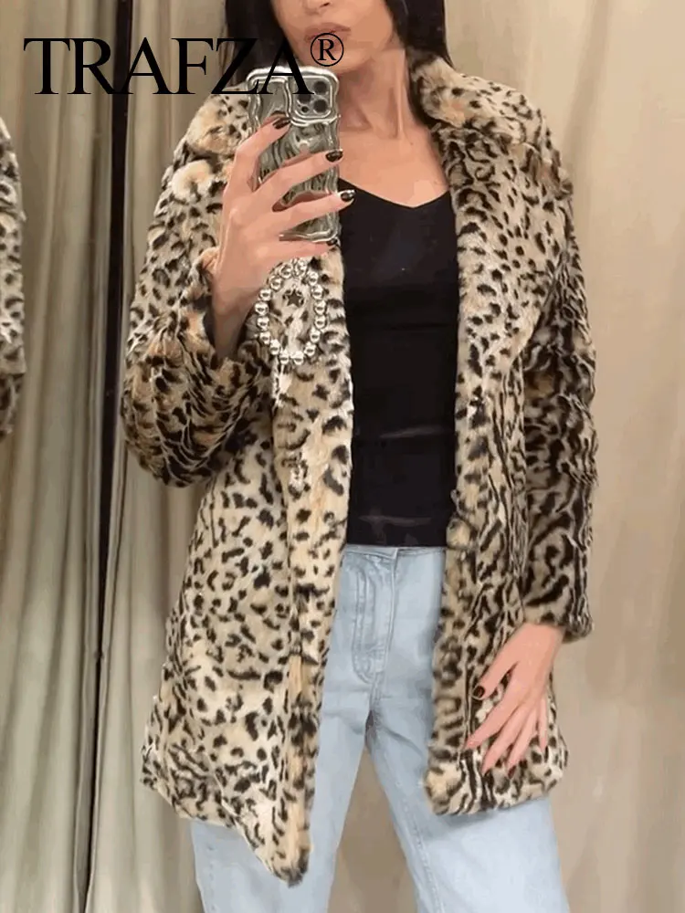 TRAFZA женская однобортная куртка с леопардовым отложным воротником и длинными