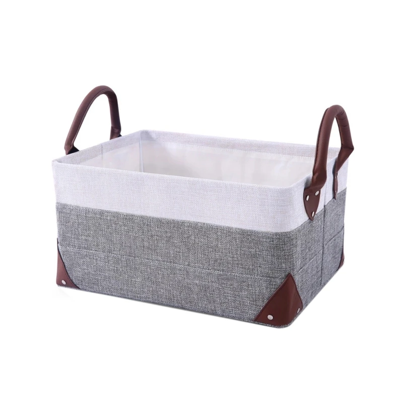 

Storage Basket-Linen Metal Frame Fabric Storage Basket Set Rack Foldable Storage Box with PU Leather Handle