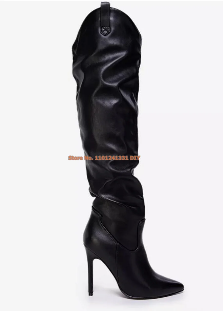 V Neck Black Leather Over The Knee Thin High Heeled Long Boot Women Thigh High Concise Boots