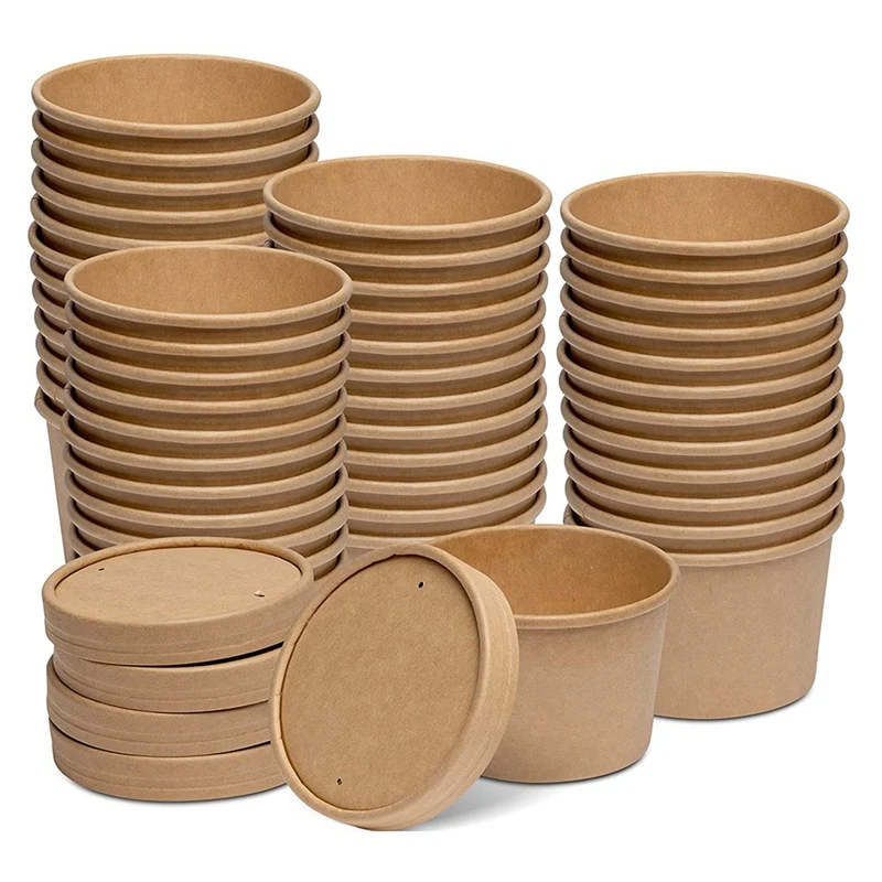 

50Pcs 8Oz Paper Food Container with Vent Lid Hot Soup Bowl Disposable Ice Cream Cup Kraft Paper