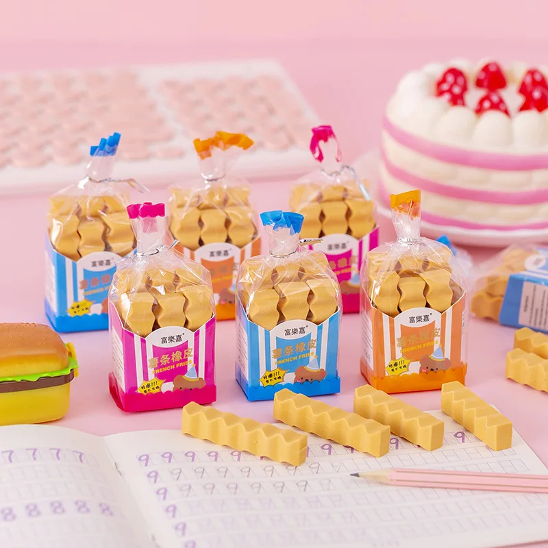 

4/6Pcs/bag Kawaii Food Eraser Korean Stationery Toast Bread Fries Rubber Pencil Prizes for Kids Cute Erasers School Supplies