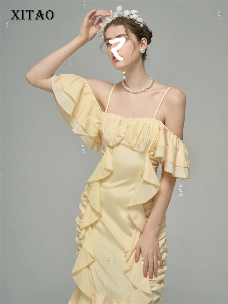 

XITAO Ruffle Dress Off Shoulder Solid Color Small Fresh Hollow Out High Waist Pleated 2022 Summer Minority Loose Dress WMD6677