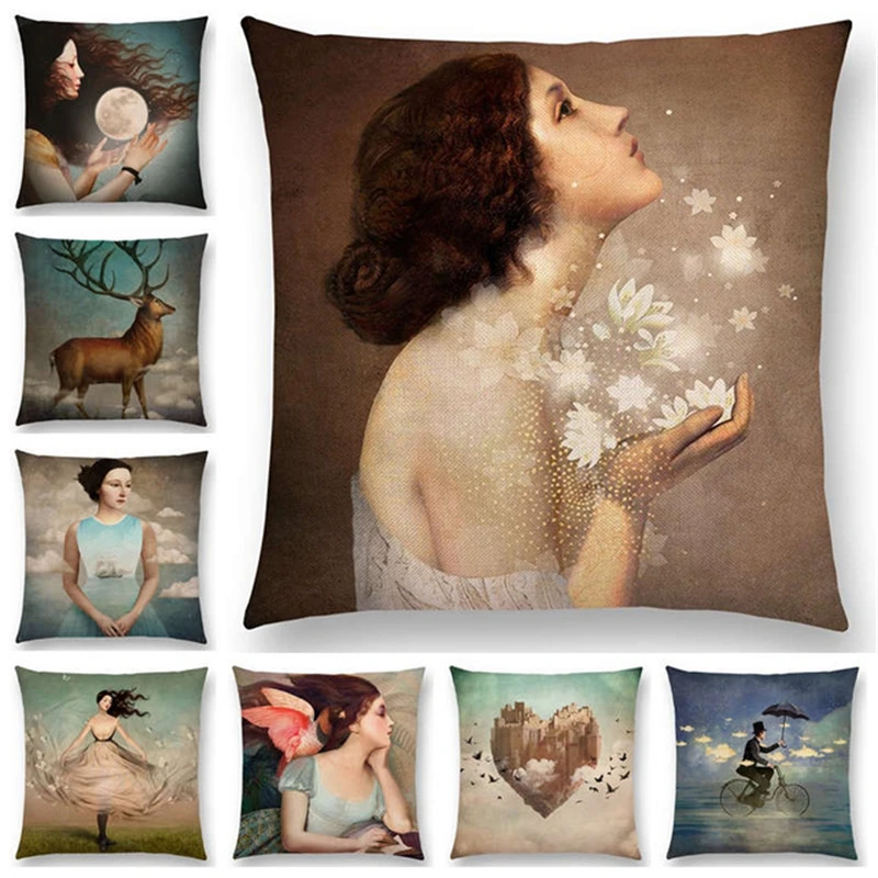 

2022 Shakespeare Drama Fantasy Painting Linen Pillowcase Ladies Cute Girl Pillowcase Mind Freedom Print Sofa Home Decor 45*45CM