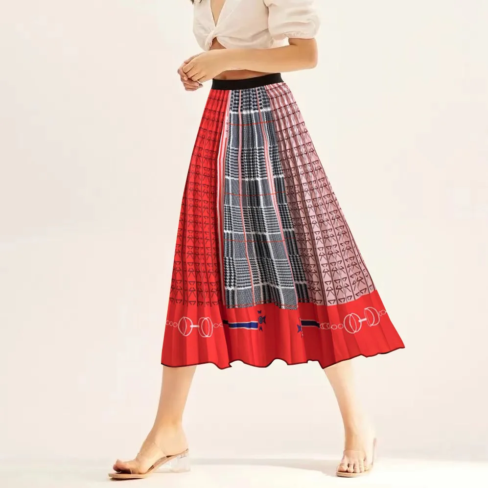 

Summer Beach A-line Skirt Women's Plaid Print Half Length Dress Casual Elastic Waist Slim Pleated Long Skirt for Women 2023