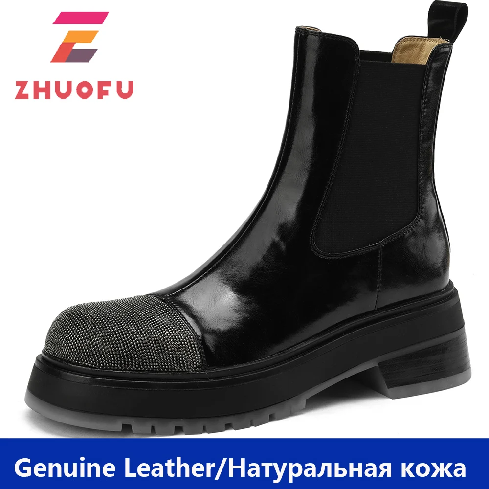 

Брендовые дизайнерские женские ботильоны ZHUOFU из натуральной кожи, ботинки челси на платформе, короткие ботинки на низком массивном каблуке...