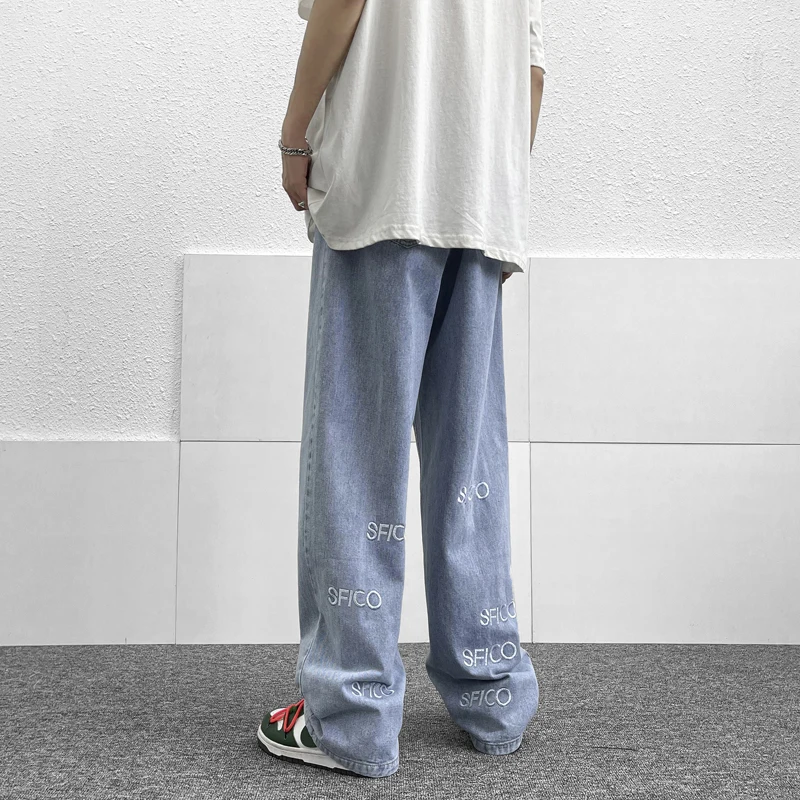 European and American Embroidered Alphabet Jeans Men's Loose Casual Straight Pants High Street Pants Streetwear Ins Hot Sale