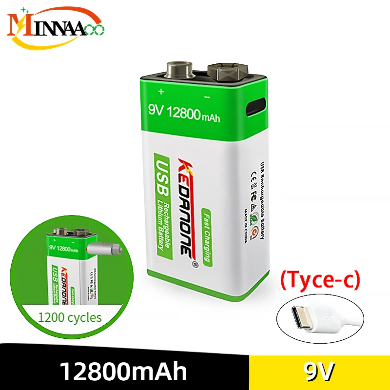 

9V Li-ion Rechargeable Battery 12800mAh Type-C USB Micro Batteries Lithium For Smoke Detector Electric Guitar Multimeter