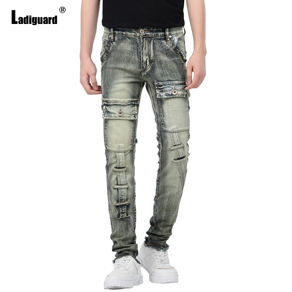Ladiguard 2022 Plus Size Men's Pocket Design Demin Pants Splice Ruched Trouser Mens Fashion Skinny Jeans Punk Style Pencil Pant
